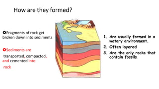 Fragments of rock get
broken down into sediments
Sediments are
transported, compacted,
and cemented into
rock
1. Are usually formed in a
watery environment.
2. Often layered
3. Are the only rocks that
contain fossils
 