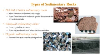 Types of Sedimentary Rocks
• Detrital (clastic) sedimentary rocks
– Most common sedimentary rock type
– Form from cemented sediment grains that come from
pre-existing rocks
• Chemical sedimentary rocks
– Have crystalline textures
– Form by precipitation of minerals from solution
• Organic sedimentary rocks
– Accumulate from remains of organisms
 