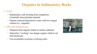 Organics in Sedimentary Rocks
• Coal
– Sedimentary rock forming from compaction
of partially decayed plant material
– Organic material deposited in water with low oxygen
content (i.e., stagnant)
• Oil and natural gas
– Originate from organic matter in marine sediment
– Subsurface “cooking” can change organic solids to oil
and natural gas
– Can accumulate in porous overlying rocks
 