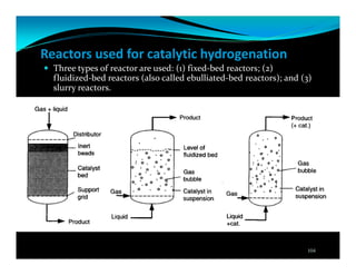 Reactors used for catalytic hydrogenation
Three types of reactor are used: (1) fixed-bed reactors; (2)
fluidized-bed reactors (also called ebulliated-bed reactors); and (3)
slurry reactors.
104
 