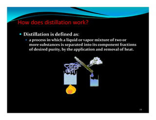 How does distillation work?
Distillation is defined as:
a process in which a liquid or vapor mixture of two or
more substances is separated into its component fractions
of desired purity, by the application and removal of heat.
19
 