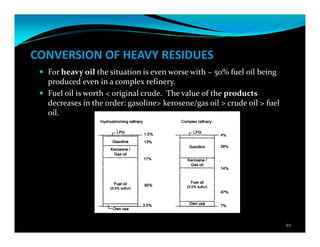 CONVERSION OF HEAVY RESIDUES
For heavy oil the situation is even worse with ~ 50% fuel oil being
produced even in a complex refinery.
Fuel oil is worth < original crude. The value of the products
decreases in the order: gasoline> kerosene/gas oil > crude oil > fuel
oil.
93
 