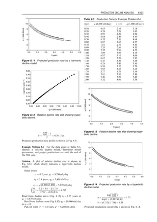 that is,
Np ¼
qi
b
1  ebt
 
: (8:18)
Since q ¼ qiebt
, Eq. (8.18) becomes
Np ¼
1
b
qi  q
ð Þ: (8:19)
8.2.4 Determination of decline rate
The constant b is called the continuous decline rate. Its
value can be determined from production history data. If
production rate and time data are available, the b value
can be obtained based on the slope of the straight line on a
semi-log plot. In fact, taking logarithm of Eq. (8.16) gives
ln (q) ¼ ln (qi)  bt, (8:20)
which implies that the data should form a straight line with
a slope of b on the log(q) versus t plot, if exponential
decline is the right model. Picking up any two points,
(t1, q1) and (t2, q2), on the straight line will allow analyt-
ical determination of b value because
ln (q1) ¼ ln (qi)  bt1 (8:21)
and
ln (q2) ¼ ln (qi)  bt2 (8:22)
give
b ¼
1
(t2  t1)
ln
q1
q2
 
: (8:23)
If production rate and cumulative production data are
available, the b value can be obtained based on the slope
of the straight line on an Np versus q plot. In fact,
rearranging Eq. (8.19) yields
q ¼ qi  bNp: (8:24)
Picking up any two points, (Np1, q1) and (Np2, q2), on the
straight line will allow analytical determination of the b
value because
q1 ¼ qi  bNp1 (8:25)
and
q2 ¼ qi  bNp2 (8:26)
give
b ¼
q1  q2
Np2  Np1
: (8:27)
Depending on the unit of time t, the b can have different
units such as month1
and year1
. The following relation
can be derived:
ba ¼ 12bm ¼ 365bd , (8:28)
where ba, bm, and bd are annual, monthly, and daily
decline rates, respectively.
8.2.5 Effective decline rate
Because the exponential function is not easy to use in hand
calculations, traditionally the effective decline rate has
been used. Since ex
 1  x for small x-values based on
Taylor’s expansion, eb
 1  b holds true for small values
of b. The b is substituted by b’, the effective decline rate, in
field applications. Thus, Eq. (8.16) becomes
q ¼ qi(1  b0
)t
: (8:29)
Again, it can be shown that q2
q1
¼ q3
q2
¼ . . . . . . ¼ qn
qn1
¼ 1  b0
.
Depending on the unit of time t, the b’ can have different
units such as month1
and year1
. The following relation
can be derived:
(1  b
0
a) ¼ (1  b
0
m)12
¼ (1  b
0
d )365
, (8:30)
where b
0
a, b
0
m, and b
0
d are annual, monthly, and daily
effective decline rates, respectively.
Example Problem 8.1 Given that a well has declined from
100 stb/day to 96 stb/day during a 1-month period, use the
exponential decline model to perform the following tasks:
1. Predict the production rate after 11 more months
2. Calculate the amount of oil produced during the first
year
3. Project the yearly production for the well for the next 5
years
Solution
1. Production rate after 11 more months:
bm ¼
1
(t1m  t0m)
ln
q0m
q1m
 
¼
1
1
 
ln
100
96
 
¼ 0:04082=month
Rate at end of 1 year:
q1m ¼ q0mebmt
¼ 100e0:04082(12)
¼ 61:27 stb=day
If the effective decline rate b’ is used,
b
0
m ¼
q0m  q1m
q0m
¼
100  96
100
¼ 0:04=month:
From
1  b
0
y ¼ (1  b
0
m)12
¼ (1  0:04)12
,
one gets
b
0
y ¼ 0:3875=yr
Rate at end of 1 year:
q1 ¼ q0(1  b
0
y) ¼ 100(1  0:3875) ¼ 61:27 stb=day
2. The amount of oil produced during the first year:
by ¼ 0:04082(12) ¼ 0:48986=year
Np,1 ¼
q0  q1
by
¼
100  61:27
0:48986
 
365 ¼ 28,858 stb
or
bd ¼ ln
100
96
 
 
1
30:42
 
¼ 0:001342
1
day
Np,1 ¼
100
0:001342
(1  e0:001342(365)
) ¼ 28,858 stb
3. Yearly production for the next 5 years:
Np,2 ¼
61:27
0:001342
(1  e0:001342(365)
) ¼ 17; 681 stb
q2 ¼ qiebt
¼ 100e0:04082(12)(2)
¼ 37:54 stb=day
Np,3 ¼
37:54
0:001342
(1  e0:001342(365)
) ¼ 10,834 stb
q3 ¼ qiebt
¼ 100e0:04082(12)(3)
¼ 23:00 stb=day
Np,4 ¼
23:00
0:001342
(1  e0:001342(365)
) ¼ 6639 stb
q4 ¼ qiebt
¼ 100e0:04082(12)(4)
¼ 14:09 stb=day
Np,5 ¼
14:09
0:001342
(1  e0:001342(365)
) ¼ 4061 stb
In summary,
Guo, Boyun / Computer Assited Petroleum Production Engg 0750682701_chap08 Final Proof page 99 20.12.2006 10:36am
PRODUCTION DECLINE ANALYSIS 8/99
 