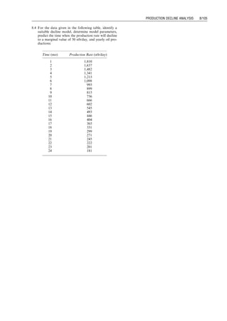 decline data follow a harmonic decline model. If the plot of
Np versus log(q) shows a straight line (Fig. 8.4), according
to Eq. (8.34), the harmonic decline model should be used.
If no straight line is seen in these plots, the hyperbolic
decline model may be verified by plotting the relative
decline rate defined by Eq. (8.1). Figure 8.5 shows such a
plot. This work can be easily performed with computer
program UcomS.exe.
8.6 Determination of Model Parameters
Once a decline model is identified, the model parameters a
and b can be determined by fitting the data to the selected
model. For the exponential decline model, the b value can
be estimated on the basis of the slope of the straight line in
the plot of log(q) versus t (Eq. [8.23]). The b value can also
be determined based on the slope of the straight line in the
plot of q versus Np (Eq. [8.27]).
For the harmonic decline model, the b value can be
estimated on the basis of the slope of the straight line in
the plot of log(q) versus log(t) or Eq. (8.32):
b ¼
q0
q1
 1
t1
: (8:40)
The b value can also be estimated based on the slope of the
straight line in the plot of Np versus log(q) (Eq. [8.34]).
For the hyperbolic decline model, determination of a
and b values is somewhat tedious. The procedure is shown
in Fig. 8.6.
Computer program UcomS.exe can be used for both
model identification and model parameter determination,
as well as production rate prediction.
8.7 Illustrative Examples
Example Problem 8.2 For the data given in Table 8.1,
identify a suitable decline model, determine model
parameters, and project production rate until a marginal
rate of 25 stb/day is reached.
Solution A plot of log(q) versus t is presented in Fig. 8.7,
which shows a straight line. According to Eq. (8.20), the
exponential decline model is applicable. This is further
evidenced by the relative decline rate shown in Fig. 8.8.
Select points on the trend line:
q
Np
Figure 8.4 A plot of Np versus log(q) indicating a har-
monic decline.
q
q∆t
∆q
−
Exponential decline
Harmonic decline
Hyperbolic decline
Figure 8.5 A plot of relative decline rate versus produc-
tion rate.
1. Select points (t1, q1)
and (t2, q2)
2. Read t3 at q3
3. Calculate
4. Find q0 at t = 0
5. Pick up any point (t*, q*)
6. Use
7. Finally
q
t
1
2
q1q2
=
t
2
3− t1t2
t1 + t2 − 2t3
a
b
=
a
t *
a
b
q0
q * =
1+ 1+
log
log
t *
a
b
q *
q0
a =
a
a
b
b =
q3
t3
(t*, q* )
Figure 8.6 Procedure for determining a- and b-values.
Guo, Boyun / Computer Assited Petroleum Production Engg 0750682701_chap08 Final Proof page 101 20.12.2006 10:36am
PRODUCTION DECLINE ANALYSIS 8/101
 