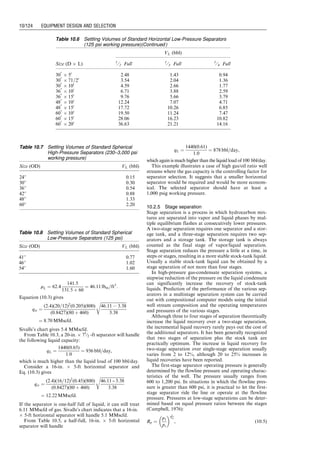 10.2.2.3 Spherical Separators
A spherical separator is shown in Fig. 10.5. Spherical
separators offer an inexpensive and compact means of
separation arrangement. Because of their compact config-
urations, this type of separator has a very limited surge
space and liquid settling section. Also, the placement and
action of the liquid-level control in this type of separator is
very critical.
10.2.3 Factors Affecting Separation
Separation efficiency is dominated by separator size. For a
given separator, factors that affect separation of liquid and
gas phases include separator operating pressure, separator
operating temperature, and fluid stream composition.
Changes in any of these factors will change the amount
of gas and liquid leaving the separator. An increase in
operating pressure or a decrease in operating temperature
generally increases the liquid covered in a separator. How-
ever, this is often not true for gas condensate systems in
which an optimum pressure may exist that yields the max-
imum volume of liquid phase. Computer simulation (flash
vaporization calculation) of phase behavior of the well
stream allows the designer to find the optimum pressure
and temperature at which a separator should operate to
give maximum liquid recovery (see Chapter 18). However,
it is often not practical to operate at the optimum point.
This is because storage system vapor losses may become
too great under these optimum conditions.
In field separation facilities, operators tend to determine
the optimum conditions for them to maximize revenue.
As the liquid hydrocarbon product is generally worth
more than the gas, high liquid recovery is often desirable,
provided that it can be handled in the available storage
system. The operator can control operating pressure to
some extent by use of backpressure valves. However, pipe-
line requirements for Btu content of the gas should also be
considered as a factor affecting separator operation.
It is usually unfeasible to try to lower the operating
temperature of a separator without adding expensive
mechanical refrigeration equipment. However, an indirect
heater can be used to heat the gas before pressure reduc-
tion to pipeline pressure in a choke. This is mostly applied
to high-pressure wells. By carefully operating this indirect
heater, the operator can prevent overheating the gas
stream ahead of the choke. This adversely affects the
temperature of the downstream separator.
10.2.4 Selection of Separators
Petroleum engineers normally do not perform detailed
designing of separators but carry out selection of sepa-
rators suitable for their operations from manufacturers’
product catalogs. This section addresses how to determine
Figure 10.3 A typical horizontal double-tube separator (courtesy Petroleum Extension Services).
Figure 10.4 A typical horizontal three-phase separator (courtesy Petroleum Extension Services).
Guo, Boyun / Computer Assited Petroleum Production Engg 0750682701_chap10 Final Proof page 120 4.1.2007 8:26pm Compositor Name: SJoearun
10/120 EQUIPMENT DESIGN AND SELECTION
 