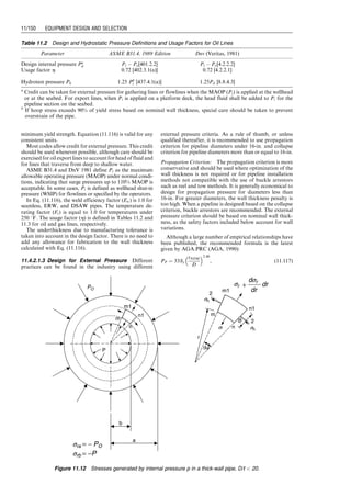 rudu
gcdL
¼ pressure gradient due to acceleration or
kinetic energy change
P ¼ pressure, lbf=ft2
L ¼ pipe length, ft
g ¼ gravitational acceleration, ft=sec2
gc ¼ 32:17, ft-lbm=lbf-sec2
r ¼ density lbm=ft3
u ¼ dip angle from horizontal direction,
degrees
fM ¼ Darcy–Wiesbach (Moody) friction factor
u ¼ flow velocity, ft/sec
D ¼ pipe inner diameter, ft
The elevation component is pipe-angle dependent. It is
zero for horizontal flow. The friction loss component
applies to any type of flow at any pipe angle and causes
a pressure drop in the direction of flow. The acceleration
component causes a pressure drop in the direction of
velocity increase in any flow condition in which velocity
changes occurs. It is zero for constant-area, incompressible
flow. This term is normally negligible for both oil and gas
pipelines.
The friction factor fM in Eq. (11.78) can be determined
based on flow regimes, that is, laminar flow or turbulent
flow. Reynolds number (NRe) is used as a parameter
to distinguish between laminar and turbulent fluid flow.
Reynolds number is defined as the ratio of fluid momen-
tum force to viscous shear force. The Reynolds
number can be expressed as a dimensionless group defined
as
NRe ¼
Dur
m
, (11:79)
where
D ¼ pipe ID, ft
u ¼ fluid velocity, f/sec
r ¼ fluid density, lbm=ft3
m ¼ fluid viscosity, lbm=ft-sec.
The change from laminar to turbulent flow is usually
assumed to occur at a Reynolds number of 2,100 for flow
in a circular pipe. If U.S. field units of ft for diameter, ft/
sec for velocity, lbm=ft3
for density and centipoises
for viscosity are used, the Reynolds number equation
becomes
NRe ¼ 1,488
Dur
m
: (11:80)
For a gas with specific gravity gg and viscosity mg
(cp) flowing in a pipe with an inner diameter D (in.)
at flow rate q (Mcfd) measured at base conditions of Tb
(8R) and pb (psia), the Reynolds number can be expressed
as
NRe ¼
711pbqgg
TbDmg
: (11:81)
The Reynolds number usually takes values greater than
10,000 in gas pipelines. As Tb is 520 8R and pb varies only
from 14.4 to 15.025 psia in the United States, the value of
711pb/Tb varies between 19.69 and 20.54. For all practical
purposes, the Reynolds number for natural gas flow prob-
lems may be expressed as
NRe ¼
20qgg
mgd
, (11:82)
where
q ¼ gas flow rate at 60 8F and 14.73 psia, Mcfd
gg ¼ gas-specific gravity (air ¼ 1)
mg ¼ gas viscosity at in-situ temperature and pressure,
cp
d ¼ pipe diameter, in.
The coefficient 20 becomes 0.48 if q is in scfh.
Figure 11.10 is a friction factor chart covering the full
range of flow conditions. It is a log-log graph of (log fM)
versus (log NRe). Because of the complex nature of the
curves, the equation for the friction factor in terms of the
Reynolds number and relative roughness varies in different
regions.
In the laminar flow region, the friction factor can be
determined analytically. The Hagen–Poiseuille equation
for laminar flow is
0
0.01
0.02
0.03
0.04
0.05
0.06
0.07
0.08
0.09
0.1
1.E+02 1.E+03 1.E+04 1.E+05 1.E+06 1.E+07 1.E+08
Reynolds Number
Friction
Factor
0
0.000001
0.000005
0.00001
0.00005
0.0001
0.0002
0.0004
0.0006
0.001
0.002
0.004
0.006
0.01
0.015
0.02
0.03
0.04
0.05
Laminar
Flow
Relative roughness
Turbulent Flow
Figure 11.10 Darcy–Wiesbach friction factor chart (Moody, 1944).
Guo, Boyun / Computer Assited Petroleum Production Engg 0750682701_chap11 Final Proof page 144 3.1.2007 8:54pm Compositor Name: SJoearun
11/144 EQUIPMENT DESIGN AND SELECTION
 