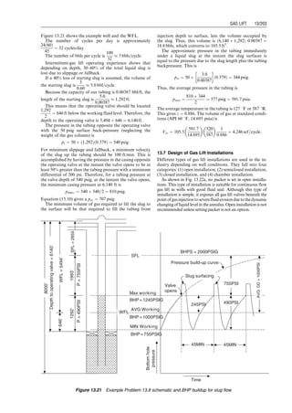 for gas passage and a close control over the spread
characteristics are desirable. It has two ports. The smaller
port (control port) is used for opening calculations and
the large port (power port) is used for gas passage
calculations. The equations derived from unbalanced
valves are also valid for pilot valves.
13.5.2.2 Throttling Pressure Valve
Throttling pressure valves are also called continuous
flow valves. As shown in Fig. 13.14, the basic elements
of a throttling valve are the same as the pressure-operated
valve except that the entrance port of the valve is
choked to drop the casing pressure to tubing pressure by
using a tapered stem or seat, which allows the port area to
sense tubing pressure when the valve is open. Unlike
pressure-operated valves where the casing pressure must
drop to a pressure set by dome pressure and spring for the
valve to close, a throttling pressure valve will close on a
reduction in tubing pressure with the casing pressure held
constant. The equations derived from pressure-operated
Pd
Ab
St
Pc
Ap
Pt
Figure 13.9 Unbalanced bellow valve at its closed condition.
Ab
St
Pc
Ap
Pt
Pd
Figure 13.10 Unbalanced bellow valve at its open condition.
Guo, Boyun / Computer Assited Petroleum Production Engg 0750682701_chap13 Final Proof page 195 3.1.2007 9:07pm Compositor Name: SJoearun
GAS LIFT 13/195
 