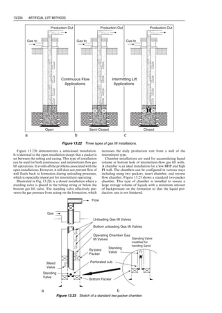 valves are also to be applied to throttling valves for
opening pressure calculations.
13.5.2.3 Fluid-Operated Valve
As shown in Fig. 13.15, the basic elements of a fluid-oper-
ated valve are identical to those in a pressure-operated valve
except that tubing pressure now acts on the larger area of
the bellows and casing pressure acts on the area of the port.
This configuration makes the valve mostly sensitive to the
tubing fluid pressure. Therefore, the opening pressure is
defined as the tubing pressure required to open the valve
under actual operating conditions. Force balance gives
Pvo ¼
1
1  R
Pd þ St 
R
1  R
Pc, (13:44)
where Pc ¼ casing pressure, psig.
The term R
1R Pc is called the C.E. and R
1R is called
T.E.F. for fluid valves. With other parameters given, Eq.
(13.44) is used for determining required dome pressure at
depth, that is, Pd ¼ (1  R)Pvo  St þ RPc, in valve selection.
When a fluid valve is in its open position under operat-
ing conditions, the maximum pressure under the ball (as-
sumed to be tubing pressure) required to close the valve is
called the valve closing pressure and is expressed as
Pvc ¼ Pd þ St 1  R
ð Þ, (13:45)
which is identical to that for a pressure-operated valve.
The first generation of fluid valves is a differential valve.
As illustrated in Fig. 13.16, a differential valve relies on the
difference between the casing pressure and the spring
pressure effect to open and close. The opening and closing
pressures are the same tubing pressure defined as
Pvo ¼ Pvc ¼ Pc  St: (13:46)
13.5.2.4 Combination Valves
Figure 13.17 shows that a combination valve consists of
two portions. The upper portion is essentially the same as
that found in pressure-operated valves, and the lower
portion is a fluid pilot, or a differential pressure device
incorporating a stem and a spring. Holes in the pilot
housing allow the casing pressure to act on the area of
the stem at the upper end. The spring acts to hold the stem
qg
Gas Flow Rate
P
t
Tubing
Pressure
Casing
pressure
Throttling
range
Maximum
flow rate
Figure 13.11 Flow characteristics of unbalanced
valves.
Pt
Pt
Pd
Ab
Dome
As
Stem
Seal
Port
Ap
Pc
Tubing
Mandrel
Pt
Pc
Piston
(Bellows)
Figure 13.12 A sketch of a balanced pressure valve.
Dome
Pc
Pt
Ab
Ap
Pd
Pc
Pt
Piston
(Bellows)
Pilot Port
Piston
Piston
Bleed Port
Seal
Main Port
Tubing
Mandrel
Figure 13.13 A sketch of a pilot valve.
Guo, Boyun / Computer Assited Petroleum Production Engg 0750682701_chap13 Final Proof page 196 3.1.2007 9:07pm Compositor Name: SJoearun
13/196 ARTIFICIAL LIFT METHODS
 