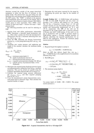 Example Problem 13.8 Determine the depth to the oper-
ating (master) valve and the minimum GLR ratio for the
following well data:
Depth ¼ 8,000 ft
pso ¼ 800 psig
23
⁄8 -in. tubing ¼ 1:995 in: ID
51
⁄2 -in., 20 lb/ft casing
No water production
go ¼ 0:8762, 30 8API
BHP (SI) ¼ 2,000 psig
PI ¼ 0:10 bbl=day=psi
ptf ¼ 50 psig
tav ¼ 127 
F
Cycle time: 45 minutes
Desired production: 100 bbl/day
gg ¼ 0:80
Solution The static gradient is
Gs ¼ 0:8762(0:433) ¼ 0:379 psi=ft:
Thus, the average flowing BHP is
Pbhfave ¼ 2,000  1,000 ¼ 1,000 psig:
The depth to the static fluid level with the ptf ¼ 50 psig, is
Ds ¼ 8,000 
2,000  50
0:379
 
¼ 2,855 ft:
The hydrostatic head after a 1,000 psi drawdown is
Ddds ¼
1,000
0:379
¼ 2,639 ft:
Thus, the depth to the working fluid level is
WFL ¼ Ds þ Ddds ¼ 2,855 þ 2,639 ¼ 5,494 ft:
Shut-in pressure build-up curve
Bottom-hole
pressure
PWS
T1 T2 T3
Time
Valve
open
Valve
closed
Valve
open
Valve
closed
A
B
C
D
E
Figure 13.19 Illustrative plot of BHP of an intermittent flow.
Pressure
PSP
Slug
Depth
Operating valve
Static
G
radient
PWS
Gradient of gas and
entrained liquid
below slug
Gradient of slug
Gradient in gas
Above slug
Figure 13.20 Intermittent flow gradient at midpoint of tubing.
Guo, Boyun / Computer Assited Petroleum Production Engg 0750682701_chap13 Final Proof page 202 3.1.2007 9:07pm Compositor Name: SJoearun
13/202 ARTIFICIAL LIFT METHODS
 