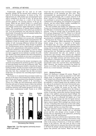 14.1 Introduction
In addition to beam pumping and gas lift systems, other
artificial lift systems are used in the oil industry. They are
electrical submersible pumping, hydraulic piston pumping,
hydraulic jet pumping, progressive cavity pumping, and
plunger lift systems. All these systems are continuous
pumping systems except the plunger lift, which is very
similar to intermittent gas lift systems.
14.2 Electrical Submersible Pump
Electrical submersible pumps (ESPs) are easy to install
and operate. They can lift extremely high volumes
from highly productive oil reservoirs. Crooked/deviated
holes present no problem. ESPs are applicable to offshore
operations. Lifting costs for high volumes are generally
very low. Limitations to ESP applications include high-
voltage electricity availability, not applicable to multiple
completions, not suitable to deep and high-temperature
oil reservoirs, gas and solids production is troublesome,
and costly to install and repair. ESP systems have higher
horsepower, operate in hotter applications, are used in
dual installations and as spare down-hole units, and
include down-hole oil/water separation. Sand and gas
problems have led to new products. Automation of the
systems includes monitoring, analysis, and control.
The ESP is a relatively efficient artificial lift. Under
certain conditions, it is even more efficient than sucker
rod beam pumping. As shown in Fig. 14.1, an ESP consists
of subsurface and surface components.
a. Subsurface components
- Pump
- Motor
- Seal electric cable
- Gas separator
b. Surface components
- Motor controller (or variable speed controller)
- Transformer
- Surface electric cable
The overall ESP system operates like any electric pump
commonly used in other industrial applications. In ESP
operations, electric energy is transported to the down-hole
electric motor via the electric cables. These electric cables
are run on the side of (and are attached to) the production
tubing. The electric cable provides the electrical energy
needed to actuate the down-hole electric motor. The elec-
tric motor drives the pump and the pump imparts energy
to the fluid in the form of hydraulic power, which lifts the
fluid to the surface.
14.2.1 Principle
ESPs are pumps made of dynamic pump stages or centri-
fugal pump stages. Figure 14.2 gives the internal schematic
of a single-stage centrifugal pump. Figure 14.3 shows a
cutaway of a multistage centrifugal pump.
The electric motor connects directly to the centrifugal
pump module in an ESP. This means that the electric
motor shaft connects directly to the pump shaft. Thus,
the pump rotates at the same speed as the electric motor.
Switchboard
AMP
meter
Transformers
Well head
Drain valve
Check valve
Cable-round
Splice
Motor flat
Pump
Intake
Seal section
Motor
Surface
cable
Vent box
Tubing
Casing
Figure 14.1 A sketch of an ESP installation (Centrilift-Hughes, Inc., 1998).
Guo, Boyun / Computer Assited Petroleum Production Engg 0750682701_chap14 Final Proof page 208 3.1.2007 9:10pm Compositor Name: SJoearun
14/208 ARTIFICIAL LIFT METHODS
 