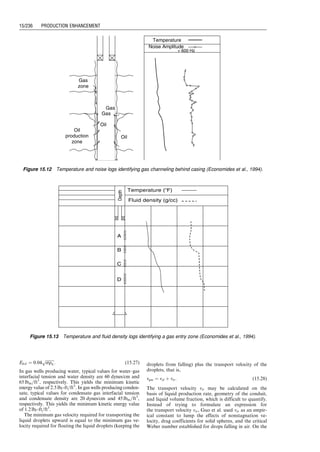 15.1 Introduction
The engineering work for sustaining and enhancing oil and
gas production rates starts from identifying problems that
cause low production rates of wells, quick decline of the
desirable production fluid, or rapid increase in the undesir-
able fluids. For oil wells, these problems include
. Low productivity
. Excessive gas production
. Excessive water production
. Sand production
For gas wells, the problems include
. Low productivity
. Excessive water production
. Liquid loading
. Sand production
Although sand production is easy to identify, well testing
and production logging are frequently needed to identify
the causes of other well problems.
15.2 Low Productivity
The lower than expected productivity of oil or gas well is
found on the basis of comparison of the well’s actual
production rate and the production rate that is predicted
by Nodal analysis. If the reservoir inflow model used in the
Nodal analysis is correct (which is often questionable),
the lower than expected well productivity can be attributed
to one or more of the following reasons:
. Overestimate of reservoir pressure
. Overestimate of reservoir permeability (absolute and
relative permeabilities)
. Formation damage (mechanical and pseudo skins)
. Reservoir heterogeneity (faults, stratification, etc.)
. Completion ineffectiveness (limited entry, shallow per-
forations, low perforation density, etc.)
. Restrictions in wellbore (paraffin, asphaltane, scale, gas
hydrates, sand, etc.)
The first five factors affect reservoir inflow performance,
that is, deliverability of reservoir. They can be evaluated
on the basis of pressure transient data analyses.
The true production profile from different zones can be
obtained based on production logging such as temperature
and spinner flow meter logs. An example is presented in
Fig. 15.1, which shows that Zone A is producing less than
10% of the total flow, Zone B is producing almost 70% of
the total rate, and Zone C is contributing about 25% of the
total production.
The last factor controls well deliverability. It can be
evaluated using data from production logging such as
flowing gradient survey (FGS). The depth interval
with high-pressure gradient is usually the interval where
the depositions of paraffins, asphaltanes, scales, or gas
hydrates are suspected.
15.2.1 Pressure Transient Data Analysis
Pressure transient testing plays a key role in evaluating
exploration and development prospects. Properly designed
well tests can provide reservoir engineers with reservoir
pressure, reserves (minimum economic or total), and flow
capacity, all of which are essential in the reservoir evalu-
ation process. Some of the results one can obtain from
pressure transient testing include the following:
. Initial reservoir pressure
. Average reservoir pressure
. Directional permeability
. Radial effective permeability changes from the wellbore
. Gas condensate fallout effect on flow
Depth
Temperature
% flow from spinner flowmeter
150
0 25 50 75 100
160
sp
g - ray
7100
7150
7200
7250
7300
Fill
7350
Zone A
Zone B
Zone C
Figure 15.1 Temperature and spinner flowmeter-derived production profile (Economides et al., 1994).
Guo, Boyun / Computer Assited Petroleum Production Engg 0750682701_chap15 Final Proof page 228 22.12.2006 6:14pm
15/228 PRODUCTION ENHANCEMENT
 