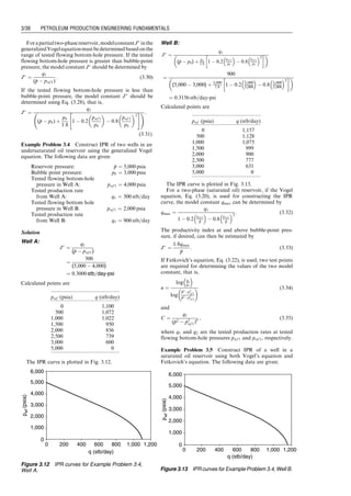 Forapartialtwo-phasereservoir,modelconstantJ
inthe
generalizedVogelequationmustbedeterminedbasedonthe
range of tested flowing bottom-hole pressure. If the tested
flowing bottom-hole pressure is greater than bubble-point
pressure, the model constant J
should be determined by
J
¼
q1
(
p
p  pwf 1)
: (3:30)
If the tested flowing bottom-hole pressure is less than
bubble-point pressure, the model constant J
should be
determined using Eq. (3.28), that is,
J
¼
q1
(
p
p  pb) þ
pb
1:8
1  0:2
pwf 1
pb
 
 0:8
pwf 1
pb
 2
 #! :
(3:31)
Example Problem 3.4 Construct IPR of two wells in an
undersaturated oil reservoir using the generalized Vogel
equation. The following data are given:
Reservoir pressure: 
p
p ¼ 5,000 psia
Bubble point pressure: pb ¼ 3,000 psia
Tested flowing bottom-hole
pressure in Well A: pwf 1 ¼ 4,000 psia
Tested production rate
from Well A: q1 ¼ 300 stb=day
Tested flowing bottom hole
pressure in Well B: pwf 1 ¼ 2,000 psia
Tested production rate
from Well B: q1 ¼ 900 stb=day
Solution
Well A:
J
¼
q1
(
p
p  pwf 1)
¼
300
(5,000  4,000)
¼ 0:3000 stb=day-psi
Calculated points are
The IPR curve is plotted in Fig. 3.12.
Well B:
J
¼
q1
(
p
p  pb) þ pb
1:8 1  0:2
pwf 1
pb
 
 0:8
pwf 1
pb
 2
 
 
¼
900
(5,000  3,000) þ 3,000
1:8 1  0:2 2,000
3,000
 
 0:8 2,000
3,000
 2
 
 
¼ 0:3156 stb=day-psi
Calculated points are
The IPR curve is plotted in Fig. 3.13.
For a two-phase (saturated oil) reservoir, if the Vogel
equation, Eq. (3.20), is used for constructing the IPR
curve, the model constant qmax can be determined by
qmax ¼
q1
1  0:2
pwf 1

p
p
 
 0:8
pwf 1

p
p
 2
: (3:32)
The productivity index at and above bubble-point pres-
sure, if desired, can then be estimated by
J
¼
1:8qmax

p
p
: (3:33)
If Fetkovich’s equation, Eq. (3.22), is used, two test points
are required for determining the values of the two model
constant, that is,
n ¼
log q1
q2
 
log

p
p2p2
wf 1

p
p2p2
wf 2
  (3:34)
and
C ¼
q1
(
p
p2  p2
wf 1)n , (3:35)
where q1 and q2 are the tested production rates at tested
flowing bottom-hole pressures pwf 1 and pwf 1, respectively.
Example Problem 3.5 Construct IPR of a well in a
saturated oil reservoir using both Vogel’s equation and
Fetkovich’s equation. The following data are given:
pwf (psia) q (stb/day)
0 1,100
500 1,072
1,000 1,022
1,500 950
2,000 856
2,500 739
3,000 600
5,000 0
0
1,000
2,000
3,000
4,000
5,000
6,000
0 200 400 600 800 1,000 1,200
q (stb/day)
p
wf
(psia)
Figure 3.12 IPR curves for Example Problem 3.4,
Well A.
0
1,000
2,000
3,000
4,000
5,000
6,000
0 200 400 600 800 1,000 1,200
q (stb/day)
p
wf
(psia)
Figure 3.13 IPR curves for Example Problem 3.4, Well B.
pwf (psia) q (stb/day)
0 1,157
500 1,128
1,000 1,075
1,500 999
2,000 900
2,500 777
3,000 631
5,000 0
Guo, Boyun / Computer Assited Petroleum Production Engg 0750682701_chap03 Final Proof page 36 3.1.2007 8:30pm Compositor Name: SJoearun
3/36 PETROLEUM PRODUCTION ENGINEERING FUNDAMENTALS
 