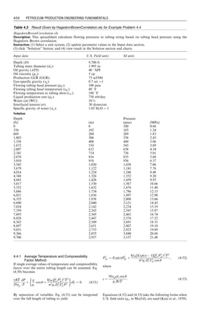 4.4.1 Average Temperature and Compressibility
Factor Method
If single average values of temperature and compressibility
factor over the entire tubing length can be assumed, Eq.
(4.50) becomes

z
zR
T
T
29gg
dP
P
þ
g
gc
cos u þ
8fMQ2
csP2
sc
z
z2 
T
T2
p2gcD5
i T2
scP2
	 

dL ¼ 0: (4:51)
By separation of variables, Eq. (4.51) can be integrated
over the full length of tubing to yield
P2
wf ¼ Exp(s)P2
hf þ
8fM[Exp(s)  1]Q2
scP2
sc
z
z2 
T
T2
p2gcD5
i T2
sc cos u
, (4:52)
where
s ¼
58gggL cos u
gcR
z
z
T
T
: (4:53)
Equations (4.52) and (4.53) take the following forms when
U.S. field units (qsc in Mscf/d), are used (Katz et al., 1959):
Table 4.3 Result Given by HagedornBrownCorrelation.xls for Example Problem 4.4
HagedornBrownCorrelation.xls
Description: This spreadsheet calculates flowing pressures in tubing string based on tubing head pressure using the
Hagedorn–Brown correlation.
Instruction: (1) Select a unit system; (2) update parameter values in the Input data section;
(3) click ‘‘Solution’’ button; and (4) view result in the Solution section and charts.
Input data U.S. Field units SI units
Depth (D): 9,700 ft
Tubing inner diameter (dti): 1.995 in.
Oil gravity (API): 40 8API
Oil viscosity (mo): 5 cp
Production GLR (GLR): 75 scf/bbl
Gas-specific gravity (gg): 0.7 air ¼1
Flowing tubing head pressure (phf ): 100 psia
Flowing tubing head temperature (thf ): 80 8F
Flowing temperature at tubing shoe (twf ): 180 8F
Liquid production rate (qL): 758 stb/day
Water cut (WC): 10 %
Interfacial tension (s): 30 dynes/cm
Specific gravity of water (gw): 1.05 H2O ¼ 1
Solution
Depth Pressure
(ft) (m) (psia) (MPa)
0 0 100 0.68
334 102 183 1.24
669 204 269 1.83
1,003 306 358 2.43
1,338 408 449 3.06
1,672 510 543 3.69
2,007 612 638 4.34
2,341 714 736 5.01
2,676 816 835 5.68
3,010 918 936 6.37
3,345 1,020 1,038 7.06
3,679 1,122 1,141 7.76
4,014 1,224 1,246 8.48
4,348 1,326 1,352 9.20
4,683 1,428 1,459 9.93
5,017 1,530 1,567 10.66
5,352 1,632 1,676 11.40
5,686 1,734 1,786 12.15
6,021 1,836 1,897 12.90
6,355 1,938 2,008 13.66
6,690 2,040 2,121 14.43
7,024 2,142 2,234 15.19
7,359 2,243 2,347 15.97
7,693 2,345 2,461 16.74
8,028 2,447 2,576 17.52
8,362 2,549 2,691 18.31
8,697 2,651 2,807 19.10
9,031 2,753 2,923 19.89
9,366 2,855 3,040 20.68
9,700 2,957 3,157 21.48
Guo, Boyun / Petroleum Production Engineering, A Computer-Assisted Approach 0750682701_chap04 Final Proof page 54 22.12.2006 6:07pm
4/54 PETROLEUM PRODUCTION ENGINEERING FUNDAMENTALS
 