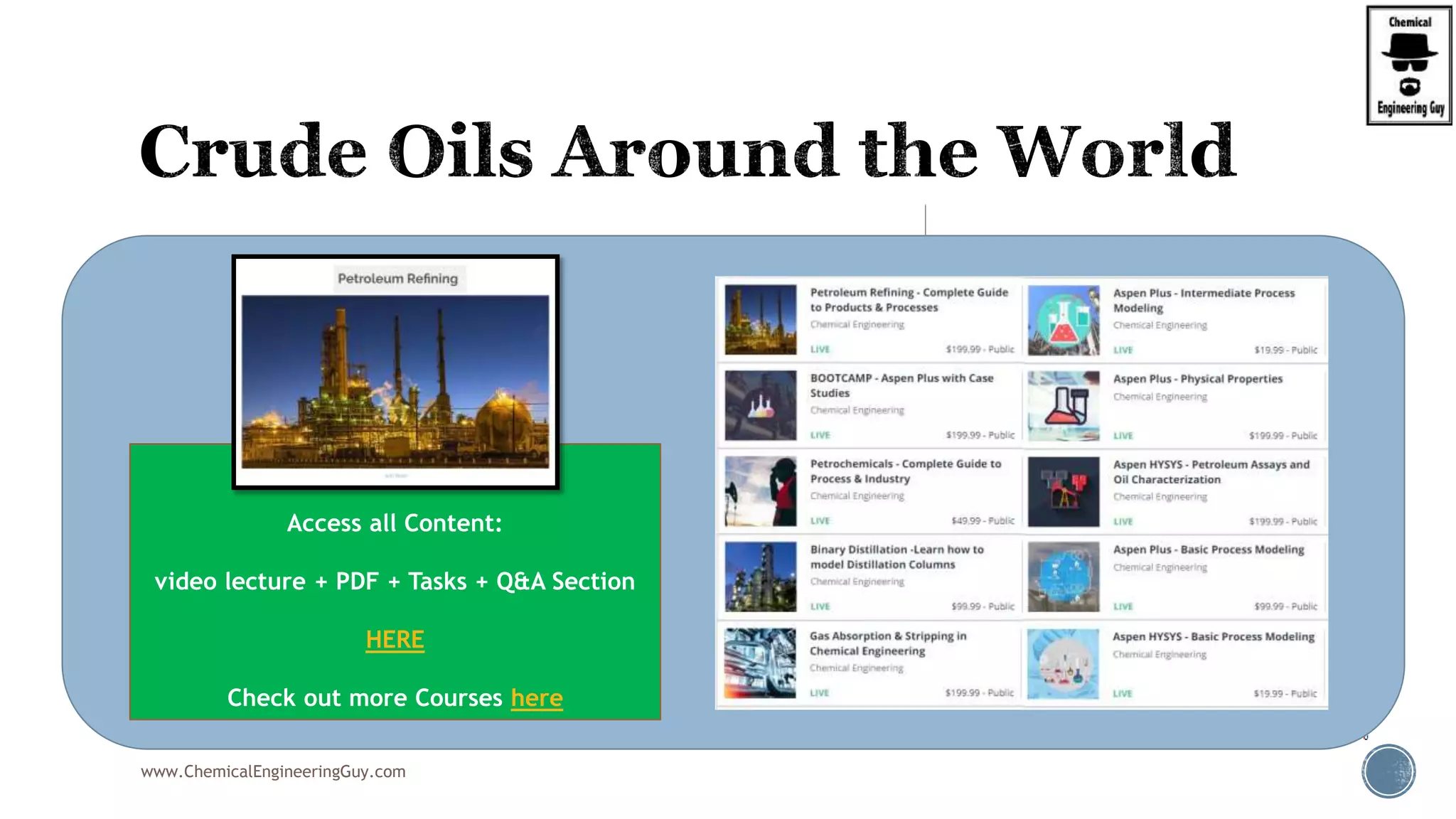  Sulfur – API Ratio
 Brent: North Sea Area
 Dubai-Oman: Middle East Reference
 Tapis: South-East Asia Reference
 West Texas Intermediate: USA/America Reference
www.ChemicalEngineeringGuy.com
Enjoying the course!?
Access all Content:
video lecture + PDF + Tasks + Q&A Section
HERE
Check out more Courses here
 