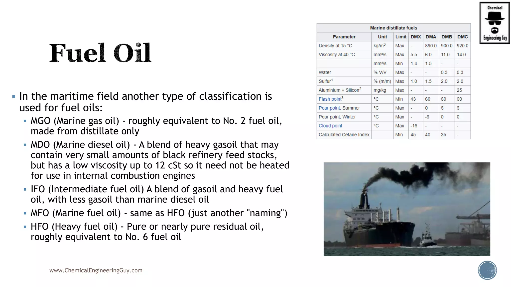  In the maritime field another type of classification is
used for fuel oils:
 MGO (Marine gas oil) - roughly equivalent to No. 2 fuel oil,
made from distillate only
 MDO (Marine diesel oil) - A blend of heavy gasoil that may
contain very small amounts of black refinery feed stocks,
but has a low viscosity up to 12 cSt so it need not be heated
for use in internal combustion engines
 IFO (Intermediate fuel oil) A blend of gasoil and heavy fuel
oil, with less gasoil than marine diesel oil
 MFO (Marine fuel oil) - same as HFO (just another "naming")
 HFO (Heavy fuel oil) - Pure or nearly pure residual oil,
roughly equivalent to No. 6 fuel oil
www.ChemicalEngineeringGuy.com
 