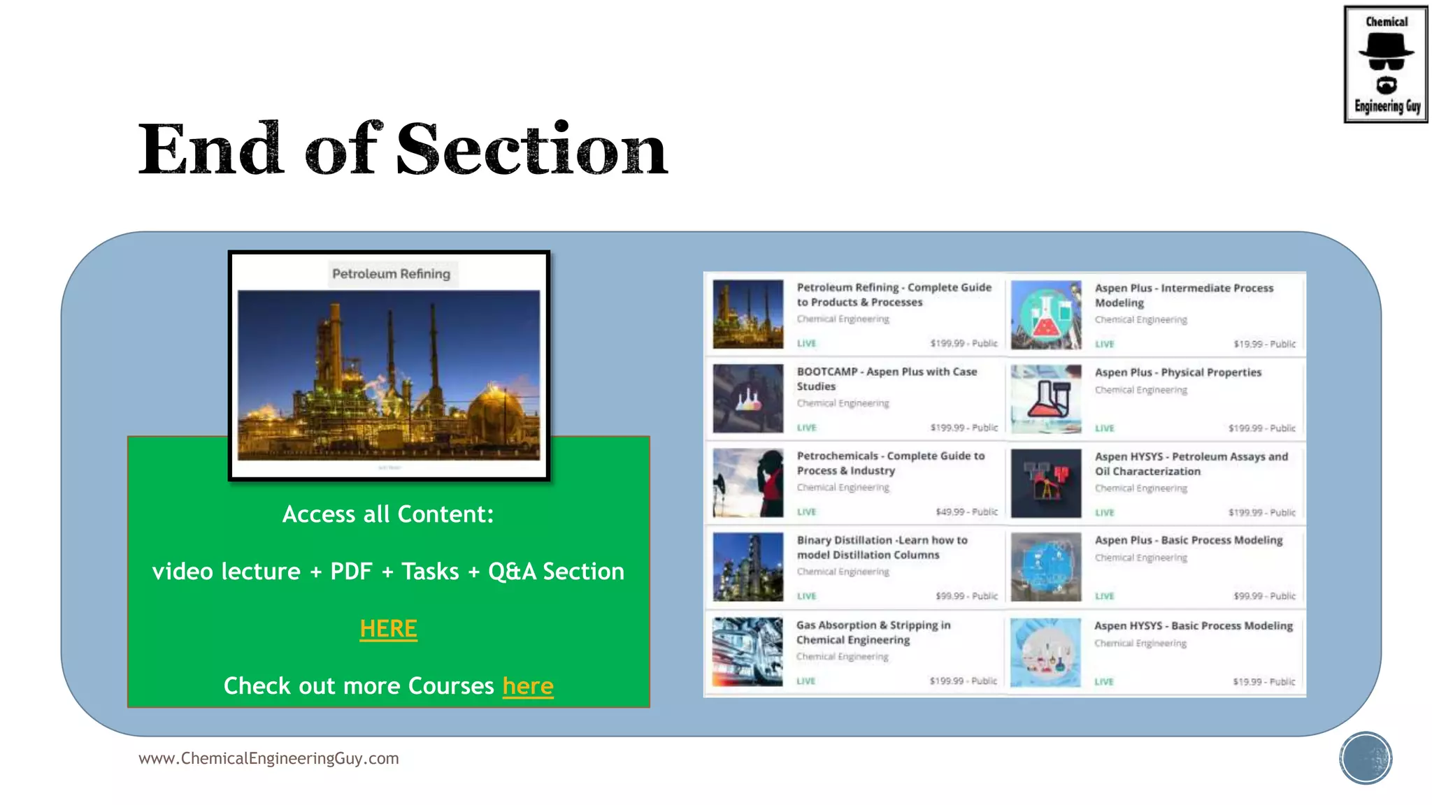 www.ChemicalEngineeringGuy.com
Enjoying the course!?
Access all Content:
video lecture + PDF + Tasks + Q&A Section
HERE
Check out more Courses here
 