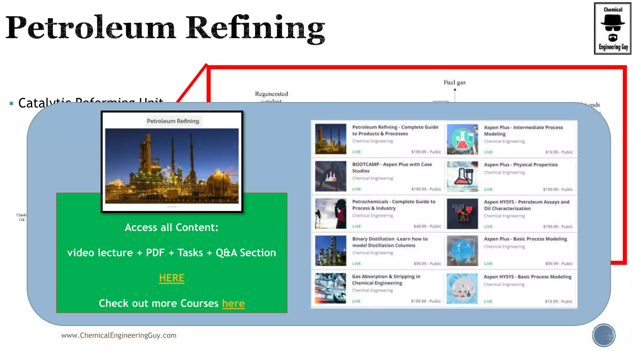  Catalytic Reforming Unit
www.ChemicalEngineeringGuy.com
Figure 1.7. Typical process scheme of a catalytic reforming unit.
Enjoying the course!?
Access all Content:
video lecture + PDF + Tasks + Q&A Section
HERE
Check out more Courses here
 