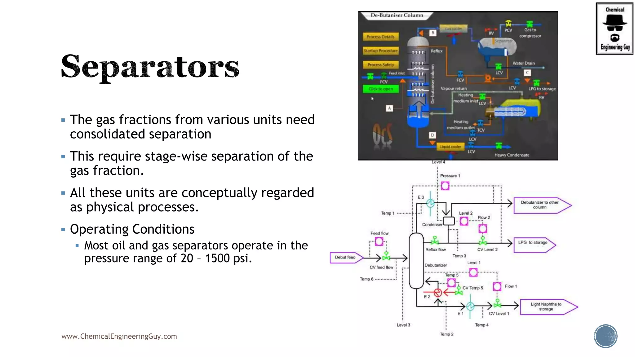  The gas fractions from various units need
consolidated separation
 This require stage-wise separation of the
gas fraction.
 All these units are conceptually regarded
as physical processes.
 Operating Conditions
 Most oil and gas separators operate in the
pressure range of 20 – 1500 psi.
www.ChemicalEngineeringGuy.com
 