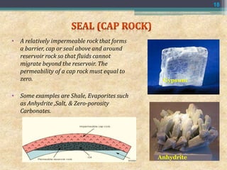 • A relatively impermeable rock that forms
a barrier, cap or seal above and around
reservoir rock so that fluids cannot
migrate beyond the reservoir. The
permeability of a cap rock must equal to
zero.
• Some examples are Shale, Evaporites such
as Anhydrite ,Salt, & Zero-porosity
Carbonates.
18
Gypsum
Anhydrite
 