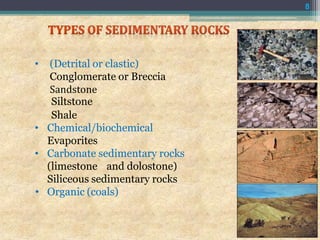 • (Detrital or clastic)
Conglomerate or Breccia
Sandstone
Siltstone
Shale
• Chemical/biochemical
Evaporites
• Carbonate sedimentary rocks
(limestone and dolostone)
Siliceous sedimentary rocks
• Organic (coals)
8
 