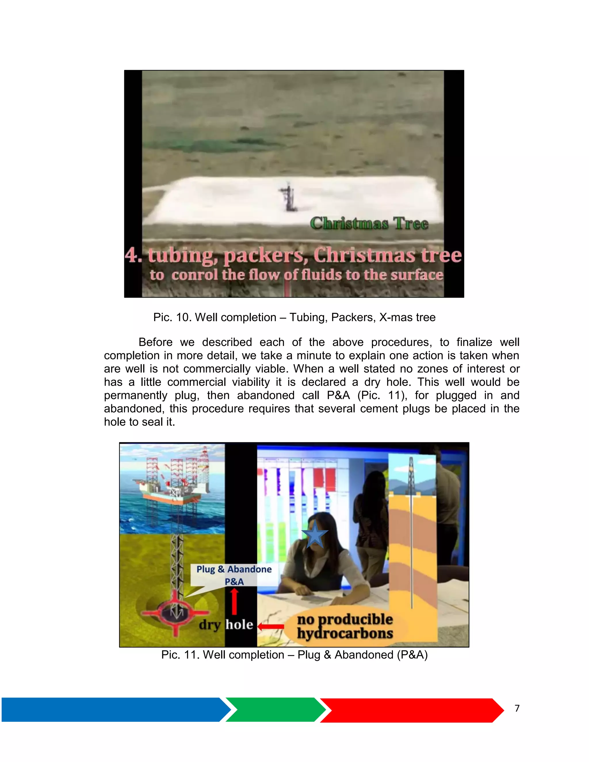 7
Pic. 10. Well completion – Tubing, Packers, X-mas tree
Before we described each of the above procedures, to finalize well
completion in more detail, we take a minute to explain one action is taken when
are well is not commercially viable. When a well stated no zones of interest or
has a little commercial viability it is declared a dry hole. This well would be
permanently plug, then abandoned call P&A (Pic. 11), for plugged in and
abandoned, this procedure requires that several cement plugs be placed in the
hole to seal it.
Pic. 11. Well completion – Plug & Abandoned (P&A)
 