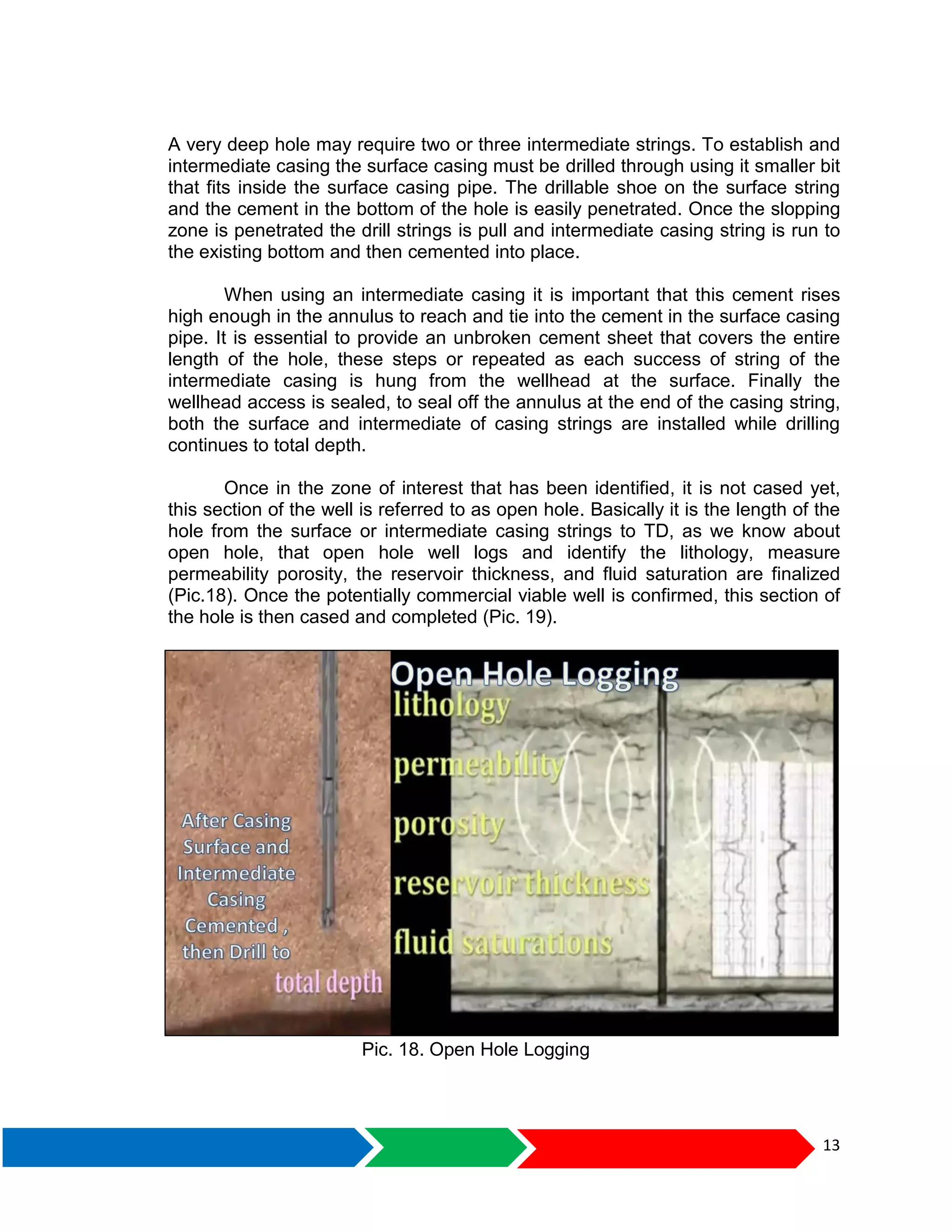 13
A very deep hole may require two or three intermediate strings. To establish and
intermediate casing the surface casing must be drilled through using it smaller bit
that fits inside the surface casing pipe. The drillable shoe on the surface string
and the cement in the bottom of the hole is easily penetrated. Once the slopping
zone is penetrated the drill strings is pull and intermediate casing string is run to
the existing bottom and then cemented into place.
When using an intermediate casing it is important that this cement rises
high enough in the annulus to reach and tie into the cement in the surface casing
pipe. It is essential to provide an unbroken cement sheet that covers the entire
length of the hole, these steps or repeated as each success of string of the
intermediate casing is hung from the wellhead at the surface. Finally the
wellhead access is sealed, to seal off the annulus at the end of the casing string,
both the surface and intermediate of casing strings are installed while drilling
continues to total depth.
Once in the zone of interest that has been identified, it is not cased yet,
this section of the well is referred to as open hole. Basically it is the length of the
hole from the surface or intermediate casing strings to TD, as we know about
open hole, that open hole well logs and identify the lithology, measure
permeability porosity, the reservoir thickness, and fluid saturation are finalized
(Pic.18). Once the potentially commercial viable well is confirmed, this section of
the hole is then cased and completed (Pic. 19).
Pic. 18. Open Hole Logging
 
