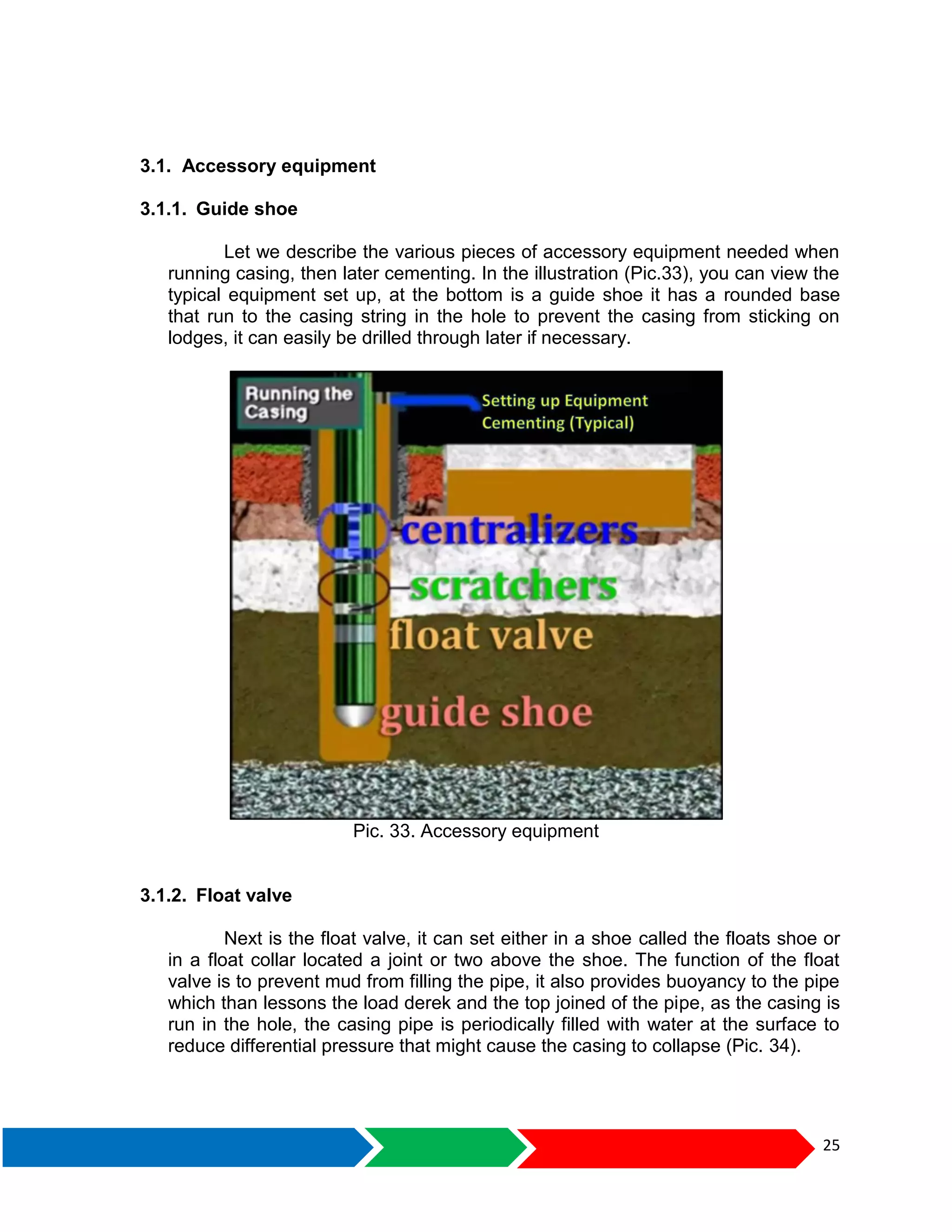 25
3.1. Accessory equipment
3.1.1. Guide shoe
Let we describe the various pieces of accessory equipment needed when
running casing, then later cementing. In the illustration (Pic.33), you can view the
typical equipment set up, at the bottom is a guide shoe it has a rounded base
that run to the casing string in the hole to prevent the casing from sticking on
lodges, it can easily be drilled through later if necessary.
Pic. 33. Accessory equipment
3.1.2. Float valve
Next is the float valve, it can set either in a shoe called the floats shoe or
in a float collar located a joint or two above the shoe. The function of the float
valve is to prevent mud from filling the pipe, it also provides buoyancy to the pipe
which than lessons the load derek and the top joined of the pipe, as the casing is
run in the hole, the casing pipe is periodically filled with water at the surface to
reduce differential pressure that might cause the casing to collapse (Pic. 34).
 