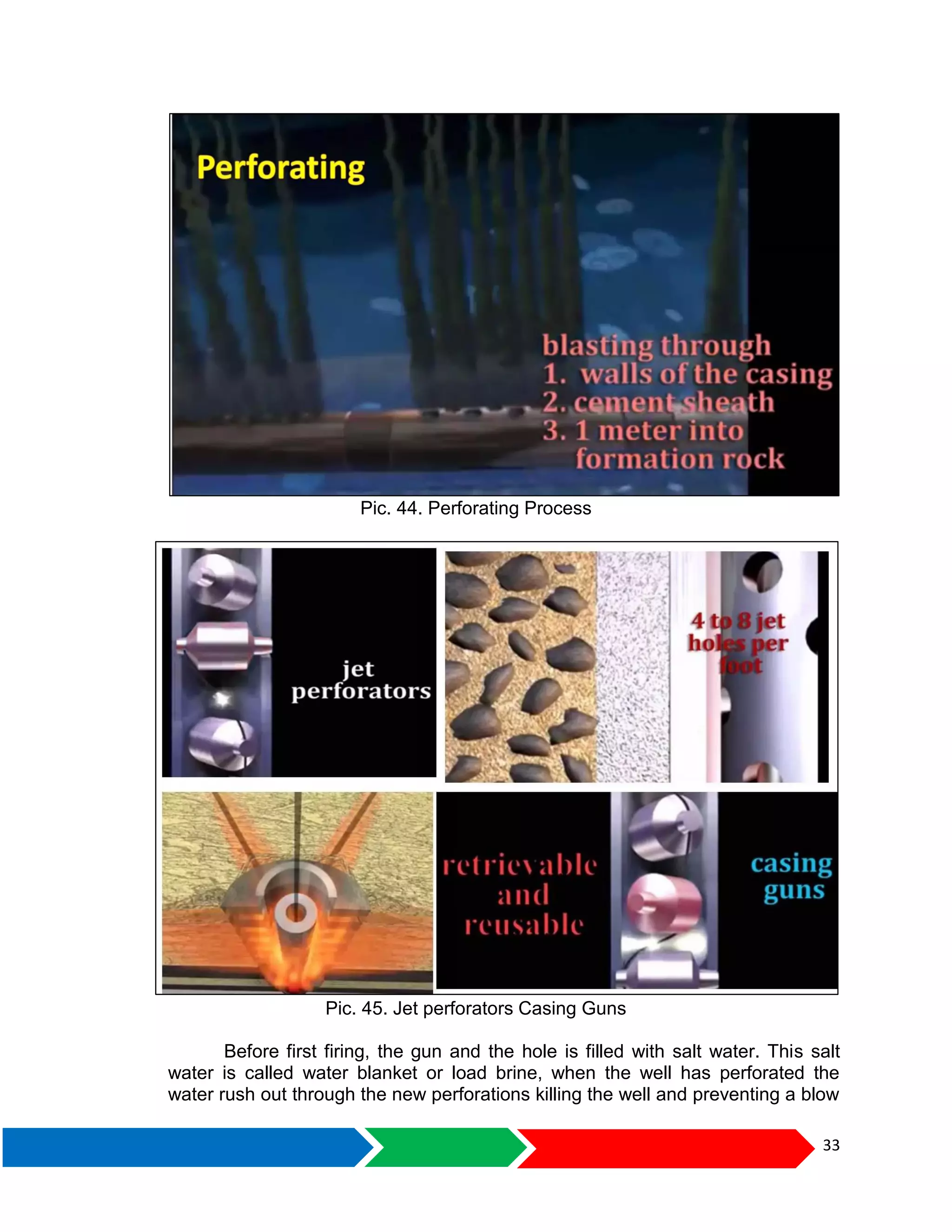33
Pic. 44. Perforating Process
Pic. 45. Jet perforators Casing Guns
Before first firing, the gun and the hole is filled with salt water. This salt
water is called water blanket or load brine, when the well has perforated the
water rush out through the new perforations killing the well and preventing a blow
 