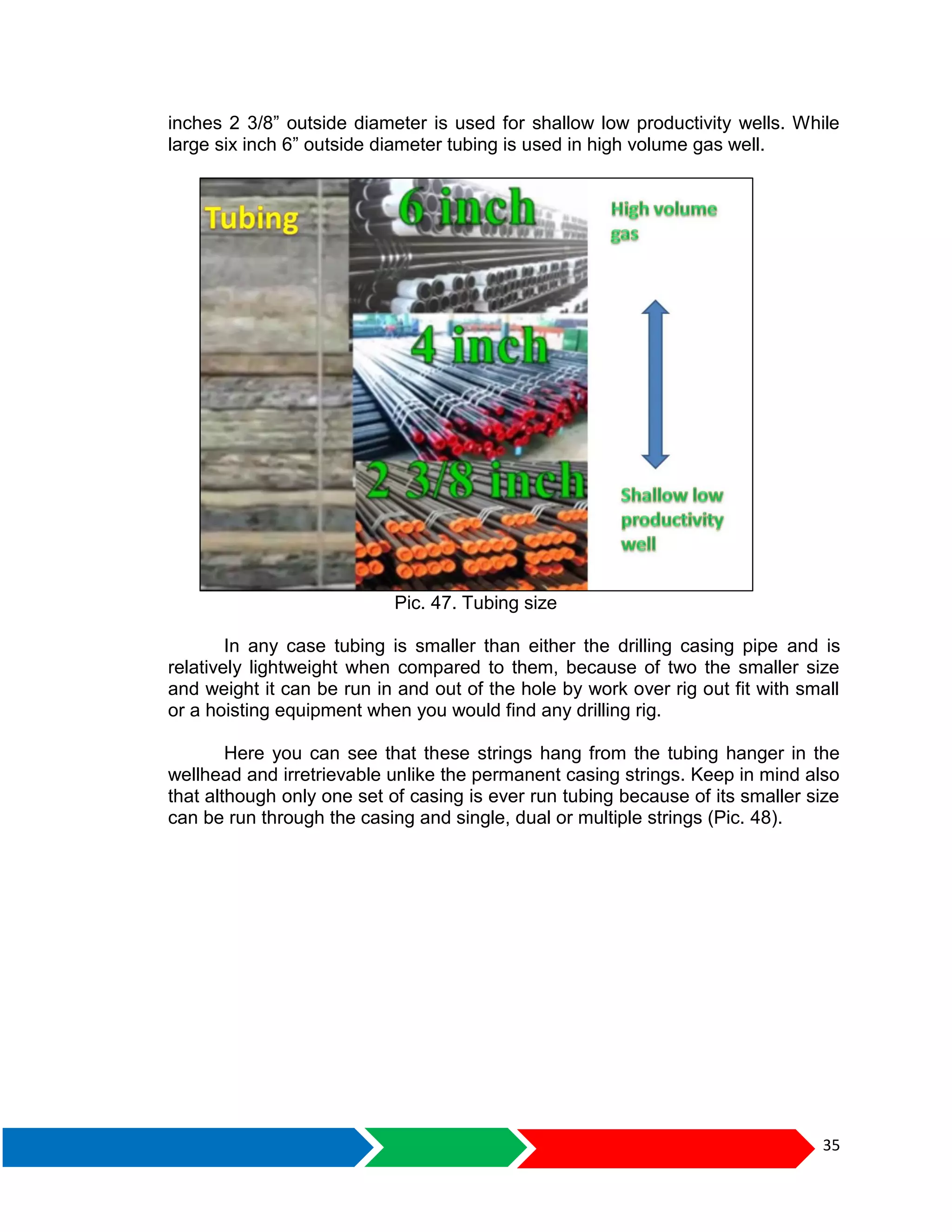 35
inches 2 3/8” outside diameter is used for shallow low productivity wells. While
large six inch 6” outside diameter tubing is used in high volume gas well.
Pic. 47. Tubing size
In any case tubing is smaller than either the drilling casing pipe and is
relatively lightweight when compared to them, because of two the smaller size
and weight it can be run in and out of the hole by work over rig out fit with small
or a hoisting equipment when you would find any drilling rig.
Here you can see that these strings hang from the tubing hanger in the
wellhead and irretrievable unlike the permanent casing strings. Keep in mind also
that although only one set of casing is ever run tubing because of its smaller size
can be run through the casing and single, dual or multiple strings (Pic. 48).
 