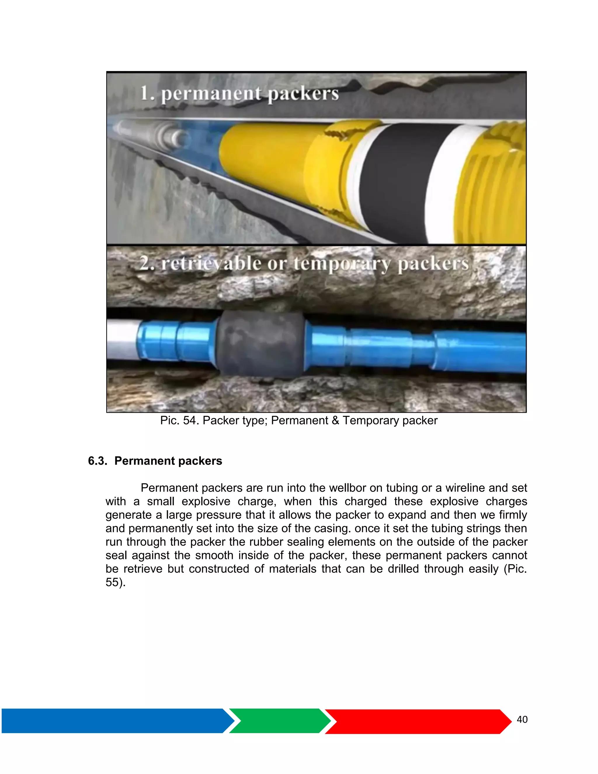 40
Pic. 54. Packer type; Permanent & Temporary packer
6.3. Permanent packers
Permanent packers are run into the wellbor on tubing or a wireline and set
with a small explosive charge, when this charged these explosive charges
generate a large pressure that it allows the packer to expand and then we firmly
and permanently set into the size of the casing. once it set the tubing strings then
run through the packer the rubber sealing elements on the outside of the packer
seal against the smooth inside of the packer, these permanent packers cannot
be retrieve but constructed of materials that can be drilled through easily (Pic.
55).
 