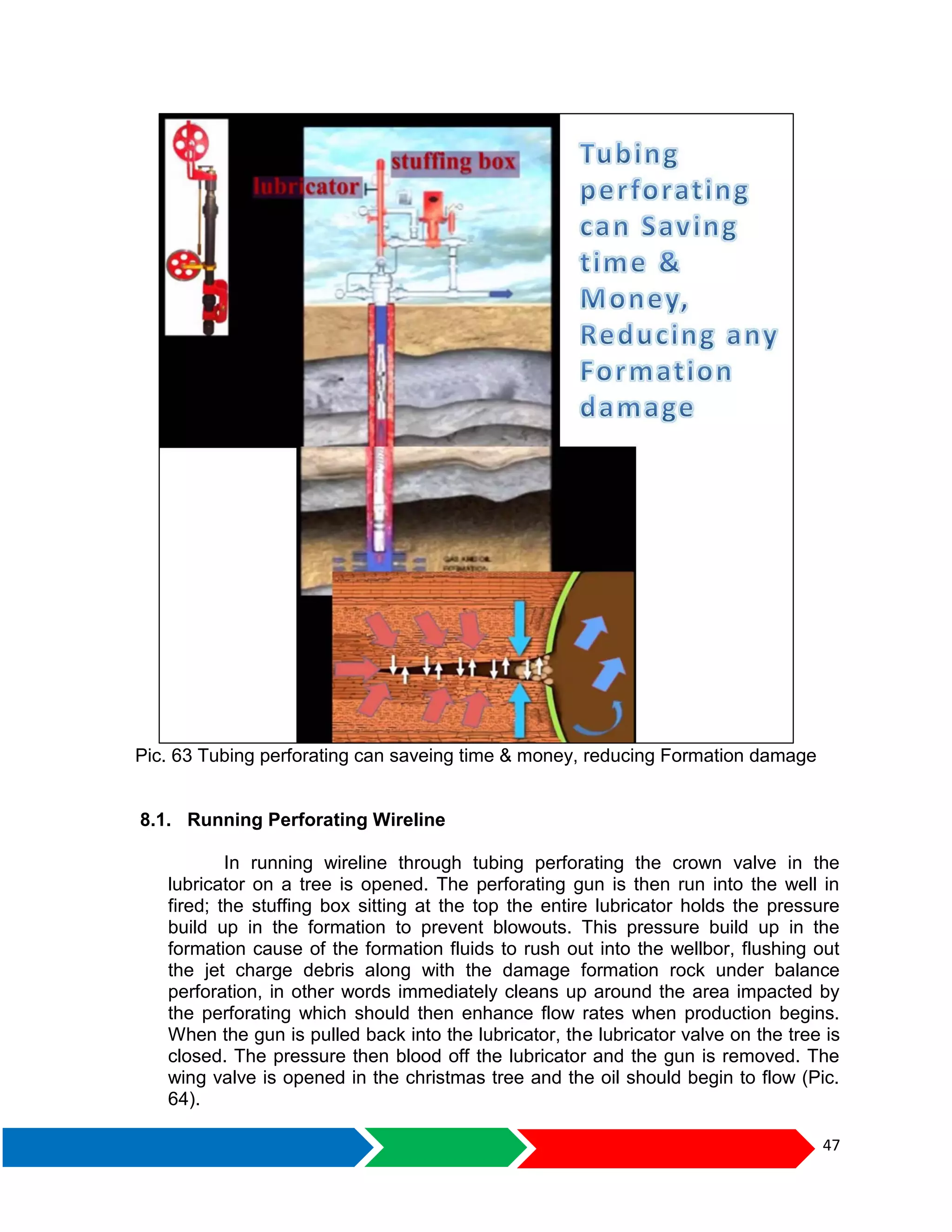 47
Pic. 63 Tubing perforating can saveing time & money, reducing Formation damage
8.1. Running Perforating Wireline
In running wireline through tubing perforating the crown valve in the
lubricator on a tree is opened. The perforating gun is then run into the well in
fired; the stuffing box sitting at the top the entire lubricator holds the pressure
build up in the formation to prevent blowouts. This pressure build up in the
formation cause of the formation fluids to rush out into the wellbor, flushing out
the jet charge debris along with the damage formation rock under balance
perforation, in other words immediately cleans up around the area impacted by
the perforating which should then enhance flow rates when production begins.
When the gun is pulled back into the lubricator, the lubricator valve on the tree is
closed. The pressure then blood off the lubricator and the gun is removed. The
wing valve is opened in the christmas tree and the oil should begin to flow (Pic.
64).
 