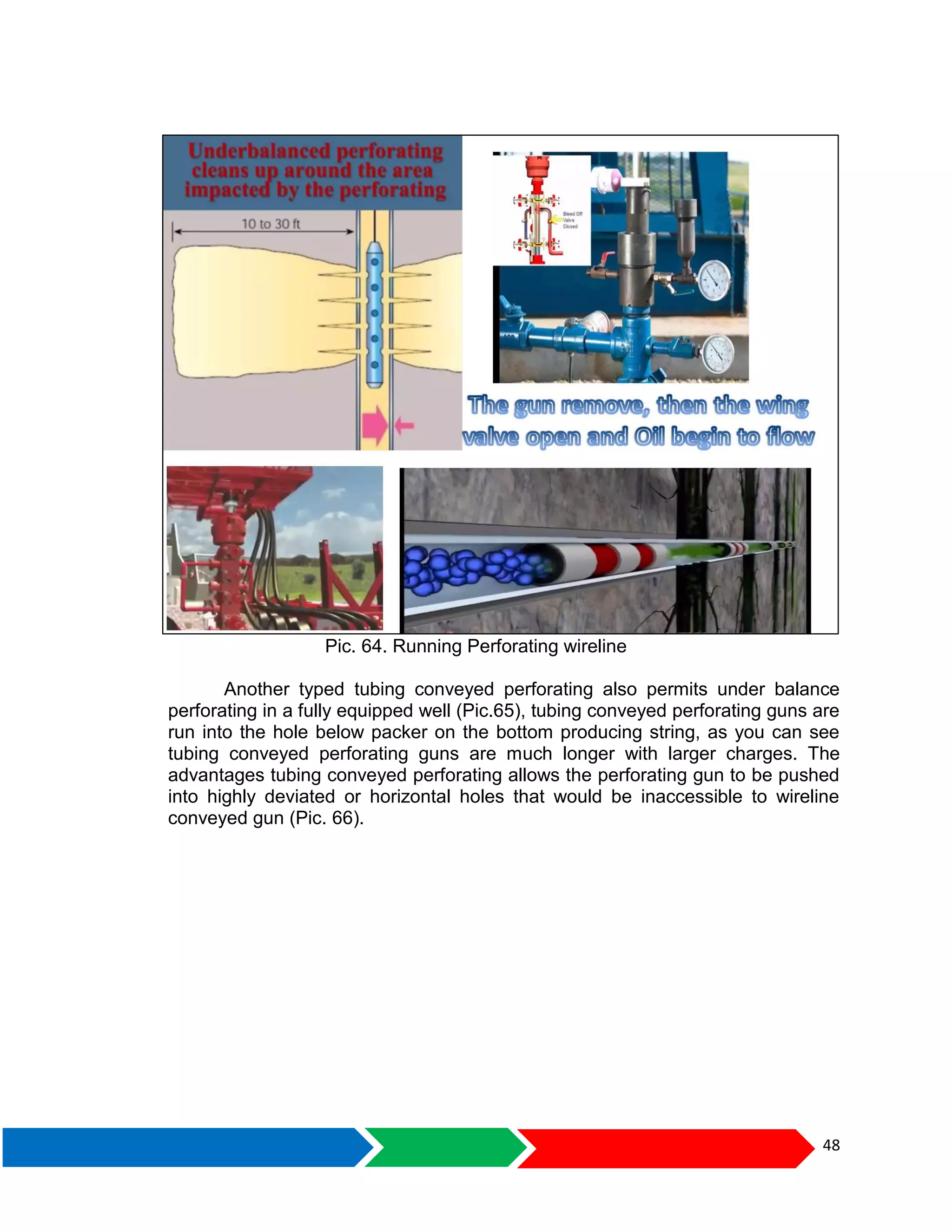48
Pic. 64. Running Perforating wireline
Another typed tubing conveyed perforating also permits under balance
perforating in a fully equipped well (Pic.65), tubing conveyed perforating guns are
run into the hole below packer on the bottom producing string, as you can see
tubing conveyed perforating guns are much longer with larger charges. The
advantages tubing conveyed perforating allows the perforating gun to be pushed
into highly deviated or horizontal holes that would be inaccessible to wireline
conveyed gun (Pic. 66).
 