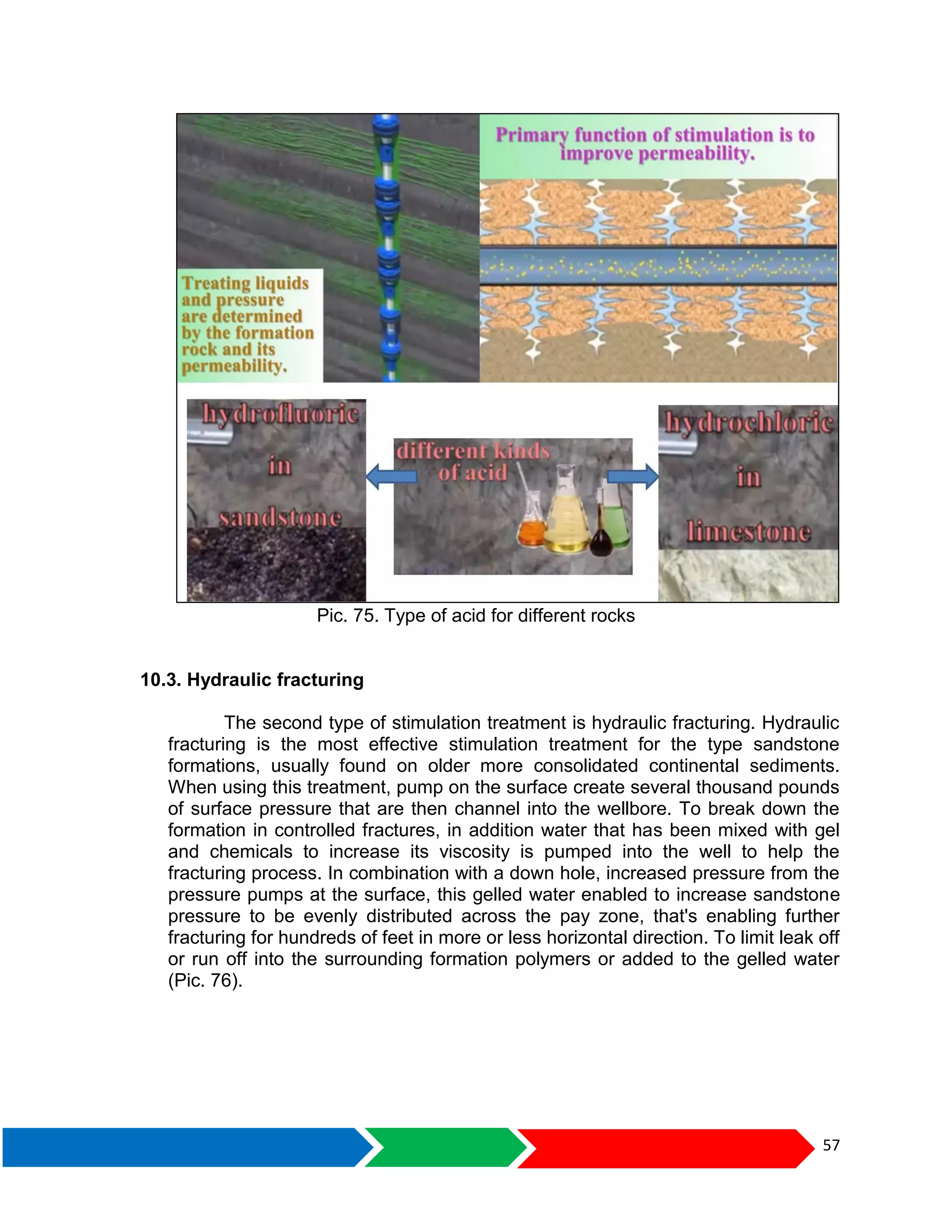 57
Pic. 75. Type of acid for different rocks
10.3. Hydraulic fracturing
The second type of stimulation treatment is hydraulic fracturing. Hydraulic
fracturing is the most effective stimulation treatment for the type sandstone
formations, usually found on older more consolidated continental sediments.
When using this treatment, pump on the surface create several thousand pounds
of surface pressure that are then channel into the wellbore. To break down the
formation in controlled fractures, in addition water that has been mixed with gel
and chemicals to increase its viscosity is pumped into the well to help the
fracturing process. In combination with a down hole, increased pressure from the
pressure pumps at the surface, this gelled water enabled to increase sandstone
pressure to be evenly distributed across the pay zone, that's enabling further
fracturing for hundreds of feet in more or less horizontal direction. To limit leak off
or run off into the surrounding formation polymers or added to the gelled water
(Pic. 76).
 