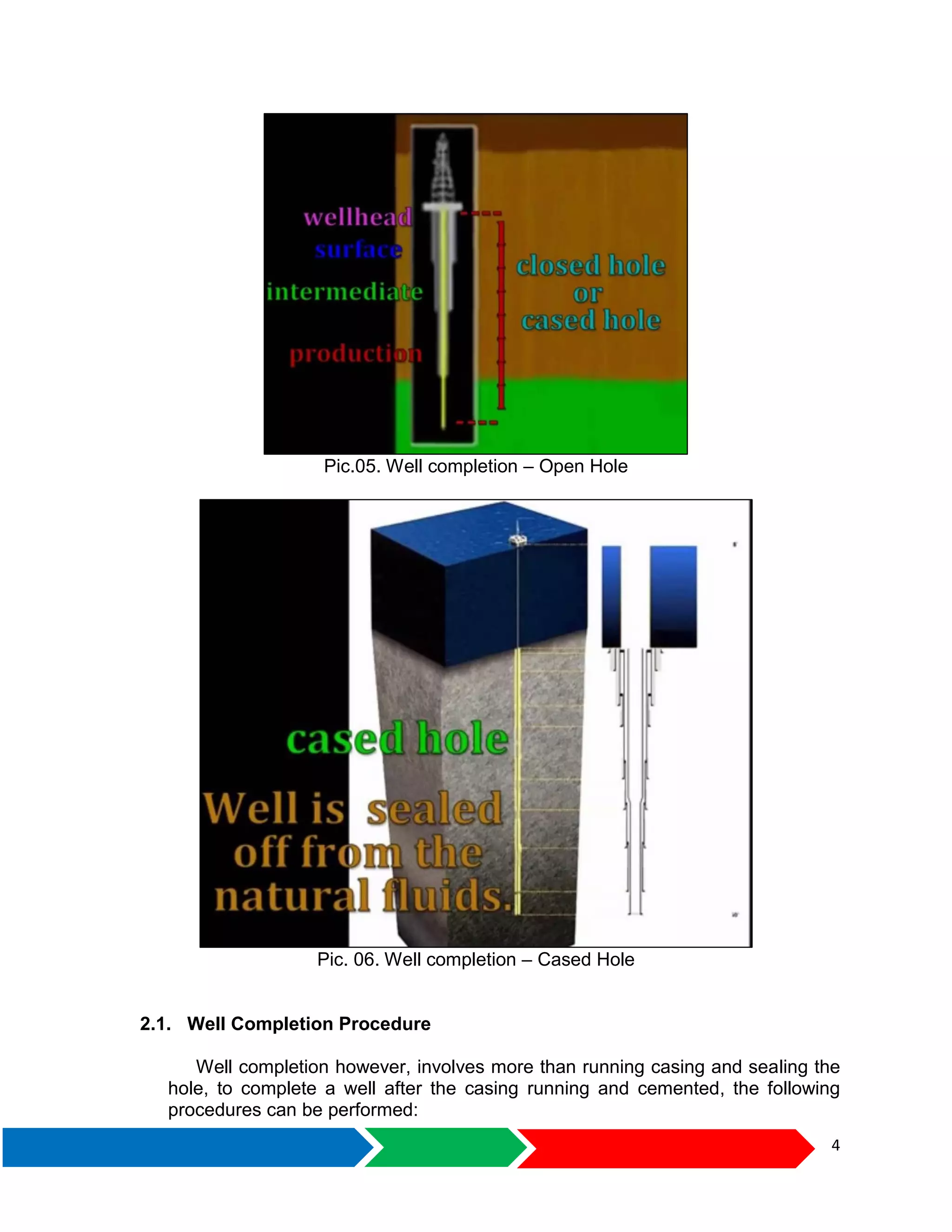 4
Pic.05. Well completion – Open Hole
Pic. 06. Well completion – Cased Hole
2.1. Well Completion Procedure
Well completion however, involves more than running casing and sealing the
hole, to complete a well after the casing running and cemented, the following
procedures can be performed:
 