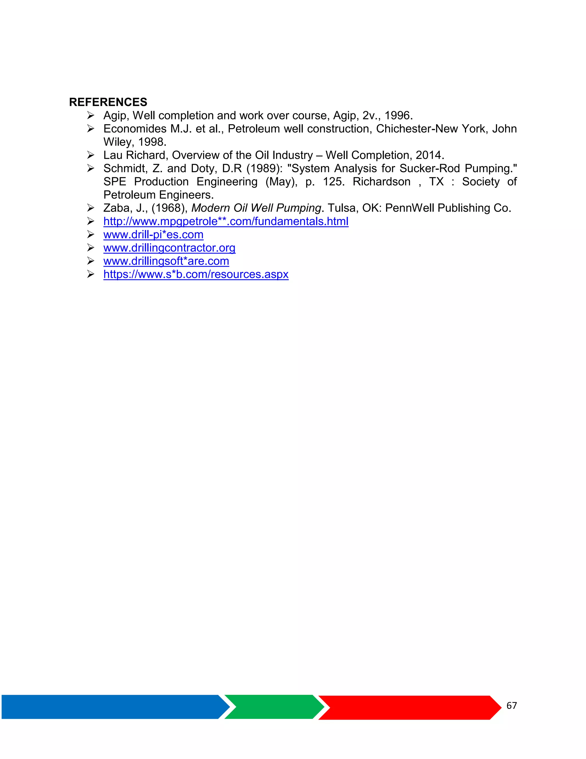 67
REFERENCES
 Agip, Well completion and work over course, Agip, 2v., 1996.
 Economides M.J. et al., Petroleum well construction, Chichester-New York, John
Wiley, 1998.
 Lau Richard, Overview of the Oil Industry – Well Completion, 2014.
 Schmidt, Z. and Doty, D.R (1989): "System Analysis for Sucker-Rod Pumping."
SPE Production Engineering (May), p. 125. Richardson , TX : Society of
Petroleum Engineers.
 Zaba, J., (1968), Modern Oil Well Pumping. Tulsa, OK: PennWell Publishing Co.
 http://www.mpgpetrole**.com/fundamentals.html
 www.drill-pi*es.com
 www.drillingcontractor.org
 www.drillingsoft*are.com
 https://www.s*b.com/resources.aspx
 