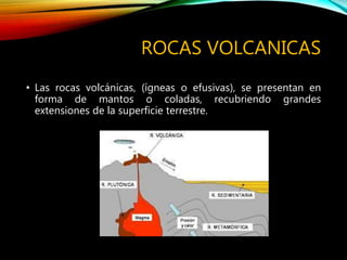 ROCAS VOLCANICAS
• Las rocas volcánicas, (ígneas o efusivas), se presentan en
forma de mantos o coladas, recubriendo grandes
extensiones de la superficie terrestre.
 