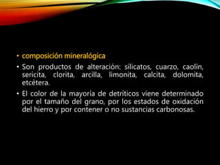• composición mineralógica
• Son productos de alteración: silicatos, cuarzo, caolín,
sericita, clorita, arcilla, limonita, calcita, dolomita,
etcétera.
• El color de la mayoría de detríticos viene determinado
por el tamaño del grano, por los estados de oxidación
del hierro y por contener o no sustancias carbonosas.
 