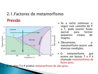  Se a rocha continuar a
seguir este caminho de P
e T, pode ocorrer fusão
parcial para formar
pequenos corpos de
magma.
Pressão
2.1.Factores de metamorfismo
 O de altas T e P produz metamorfismo de alto grau.
 O metamorfismo que
ocorre em baixas T e P é
chamado metamorfismo de
baixo grau.
 Obviamente, o
metamorfismo ocorre sob
diversas condições.
 