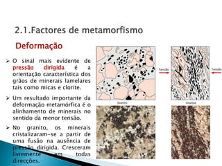  O sinal mais evidente de
pressão dirigida é a
orientação característica dos
grãos de minerais lamelares
tais como micas e clorite.
Deformação
2.1.Factores de metamorfismo
 No granito, os minerais
cristalizaram-se a partir de
uma fusão na ausência de
pressão dirigida. Cresceram
livremente em todas
direcções.
 Um resultado importante da
deformação metamórfica é o
alinhamento de minerais no
sentido da menor tensão.
 