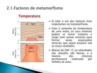 Temperatura
 O calor é um dos factores mais
importantes no metamorfismo.
 Com o aumento da temperatura
de uma rocha, os seus minerais
podem se tornar instáveis e
reagir com outros minerais para
formar novas associações
minerais que sejam estáveis sob
as novas condições.
 Abaixo de 200 ° C, as velocidades
das reacções são baixas, e a
maioria dos minerais
permanecerá inalterada por
milhões de anos.
2.1.Factores de metamorfismo
 