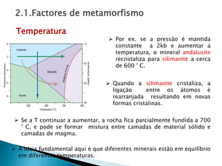  Por ex. se a pressão é mantida
constante a 2kb e aumentar a
temperatura, o mineral andalusite
recristaliza para silimanite a cerca
de 600 ° C.
 Se a T continuar a aumentar, a rocha fica parcialmente fundida a 700
° C, e pode se formar mistura entre camadas de material sólido e
camadas de magma.
Temperatura
2.1.Factores de metamorfismo
 Quando a silimanite cristaliza, a
ligação entre os átomos é
rearranjada resultando em novas
formas cristalinas.
 A ideia fundamental aqui é que diferentes minerais estão em equilíbrio
em diferentes temperaturas.
 