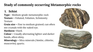 Study of commonly occurring Metamorphic rocks
1. Schist
Type- Medium-grade metamorphic rock
Texture – Foliated, Foliation, Schistosity
Texture
Grain size – Fine to medium grained; can often
see crystals with the naked eye.
Hardness –Hard.
Colour – Usually alternating lighter and darker
bands, often shiny.
Mineralogy – Mica minerals ( biotite, chlorite,
muscovite), quartz.
 