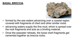 BASAL BRECCIA
• formed by the sea waters advancing over a coastal region
covered with fragments of chert and other similar rocks.
• advancing waters supply the fine mud, which is spread over
the rock fragments and acts as a binding material.
• Once the seawater retreats, the loose chert fragments get
cemented together as breccia rocks.
 