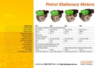 Petrol Stationary Motors




          Model Type     160                     200                      240                    390
          Engine Type    Air Cooled, 4 Stroke, 25° Inclined Single Cylinder
        Bore x Stroke    68 x 45 mm              68 x 54 mm               73 x 58 mm             88 x 64 mm
        Displacement     163 cc                  196 cc                   242 cc                 389 cc
  Compression Ratio      8.5 : 1                 8.5 : 1                  8.2 : 1                8:01
     Maximum Speed       3600 r/min
        Shaft Rotation   Counter Clockwise
    Maximum Output       5.5 hp (4.1 kW)         6.5 hp (4.9 kW)          8 hp (5.9 kW)          13 hp (9.7 kW)
   Fuel Tank Capacity    3.6 L                   3.6 L                    6.5 L                  6.5 L
          Oil Capacity   0.6                     0.6                      1.1                    1.1
      Ignition System    Non-contact Transistrised Ignition (TCI)
         Cooling Type    Forced Air Cooling by Flywheel Fan
      Starting System    Recoil Manual Start                              Recoil Manual Start / Optional Electric Start
           Dry Weight    15 kg                   16 kg                    26 kg                  31 kg
Dimensions L x W x H     312 x 362 x 335 mm 313 x 376 x 335 mm 405 x 450 x 443 mm 405 x 450 x 443 mm




                         Call toll free 1300 730 716 or visit http://genquip.com.au
 