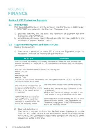 VOLUME 9
FINANCE
6 PPGUA/3.0/042/2013
Section 1: PSC Contractual Payments
1.1 	 Introduction
	 PSC Contractual Payments are the amounts that Contractor is liable to pay
	 to PETRONAS as stipulated in the Contract. This procedure:
	 a)	 provides certainty on the basis and quantum of payment for both
		 Contractor and PETRONAS
	 b)	 provides monitoring of payments and receipts, thereby establishing and
		 meeting the required level of control
1.2 	 Supplemental Payment and Research Cess
	 Basis of Computation:
	a)	 Contractor is required to make PSC Contractual Payments subject to
		 respective Contract, on monthly or quarterly basis.
b)	 Quarterly Adjustment
		 Contractor is required to determine the final amount payable as per the
		 Contract and based on the actual entitlements in the Quarterly Audited
		 Accounts (QAA). Contractor is required to comply with the details of the
		 adjustment stated in the QAA.
MONTHLY QUARTERLY
The calculation for monthly or quarterly payments at Cost Bank level and the total
amount payable of all Cost Bank at Contract level shall be made using the following
parameters:
• Crude Oil & Condensate Production/Gas Sales figures
• Profit Oil/Gas
• Price
• Exchange Rate
• Export Duty
(Contractor shall submit the amount paid for export duty to PETRONAS by 20th of
the month, where applicable)
The data above will be based on
the actual data for the first twenty
(20) days of the month as the
cut-off date.
PETRONAS shall issue a letter
by the 27th of the month for
payment to be paid before the
end of the following month.
The data above will be based on the following:
• Actual data for the first two (2) months of the
quarter and;
• Actual data for the first twenty (20) days of the
final month of the quarter as the cut-off date.
PETRONAS shall issue a letter by the 27th of each
calendar quarter (March, June, September and
December) for payment to be paid before the
end of the following month.
 
