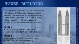 - Two separate construction teams -> competition
- First to use GPS (Global Positioning Satellite)
- Built by concrete instead of conventional steel
- 1000 people worked on each tower (3 shifts)
- Floors up to 73rd  Identical & easiest
- 4 days to built each floor (Normal – 10 days)
TOWER 1
• Led by Japan  Hazama Corporation
• Started on March 1994 (25 months & 1 week)
TOWER 2
• Led by Korea  Samsung Engineering Co.
• Started on April 1994 (24 months)
 