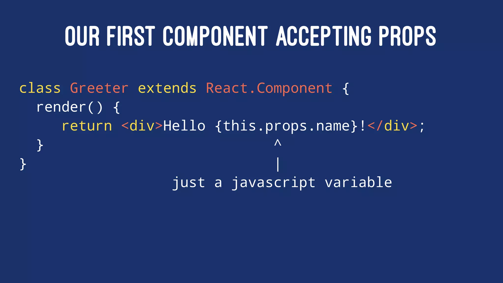 OUR FIRST COMPONENT ACCEPTING PROPS
class Greeter extends React.Component {
render() {
return <div>Hello {this.props.name}!</div>;
} ^
} |
just a javascript variable
 