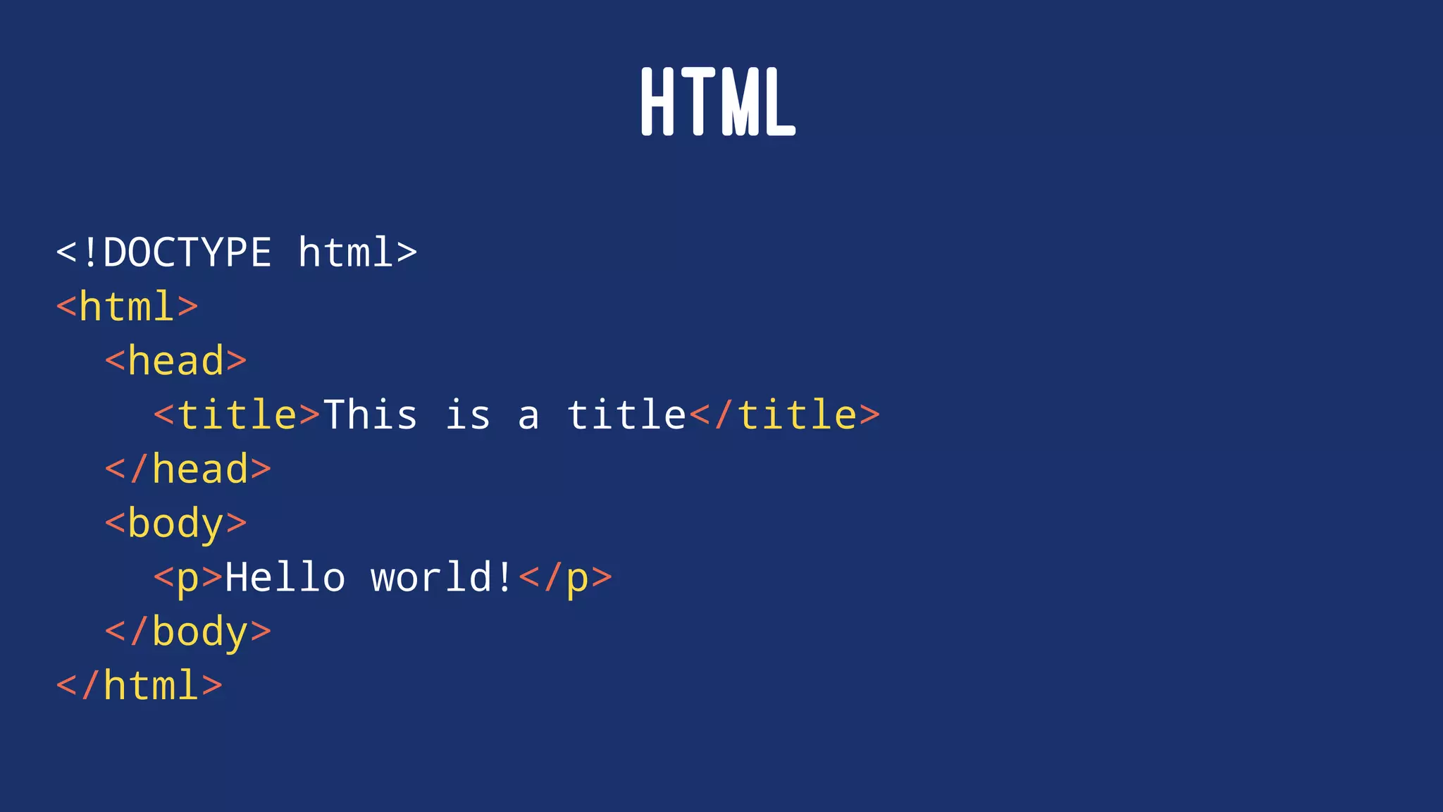 HTML
<!DOCTYPE html>
<html>
<head>
<title>This is a title</title>
</head>
<body>
<p>Hello world!</p>
</body>
</html>
 