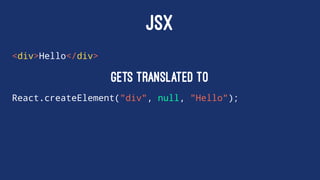 JSX
<div>Hello</div>
gets translated to
React.createElement("div", null, "Hello");
 