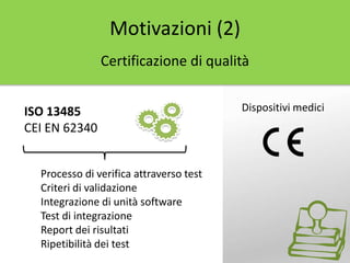 Dispositivi mediciISO 13485
CEI EN 62340
Processo di verifica attraverso test
Criteri di validazione
Integrazione di unità software
Test di integrazione
Report dei risultati
Ripetibilità dei test
Motivazioni (2)
Certificazione di qualità
 